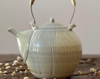 Handmade Soda Fired Porcelain Teapot: Ceramic Tea Art with Brass and Twine Handle