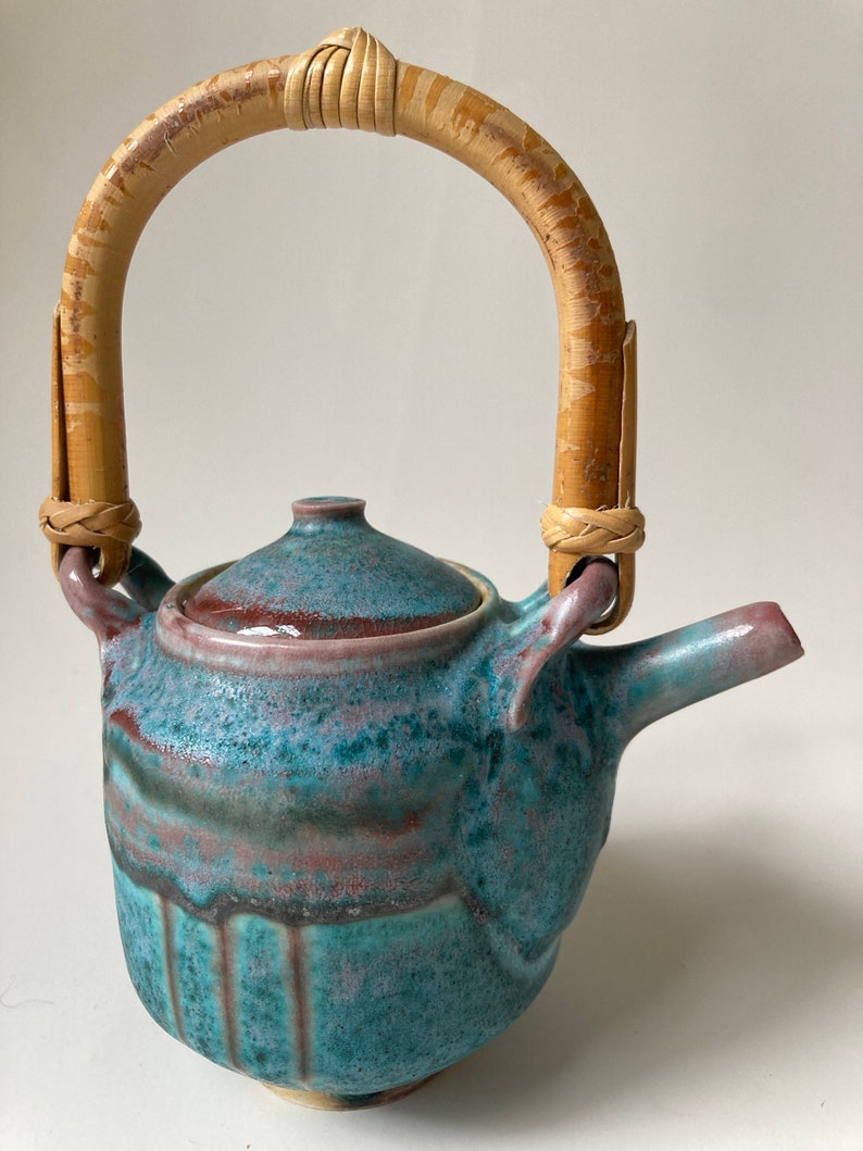 Handmade Teapot and Cup Set in Porcelain With Bamboo Handle, Soda Fired