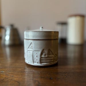 White Winter Village Kitchen Container: Handmade Stamped Ceramic Salt Cellar or Coffee Canister