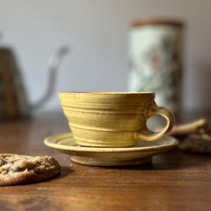 Yellow Handmade Espresso Cup and Saucer, Small Ceramic Teacup, Golden Colored Cauppucino mug and matching dish; gift for tea or coffee lover