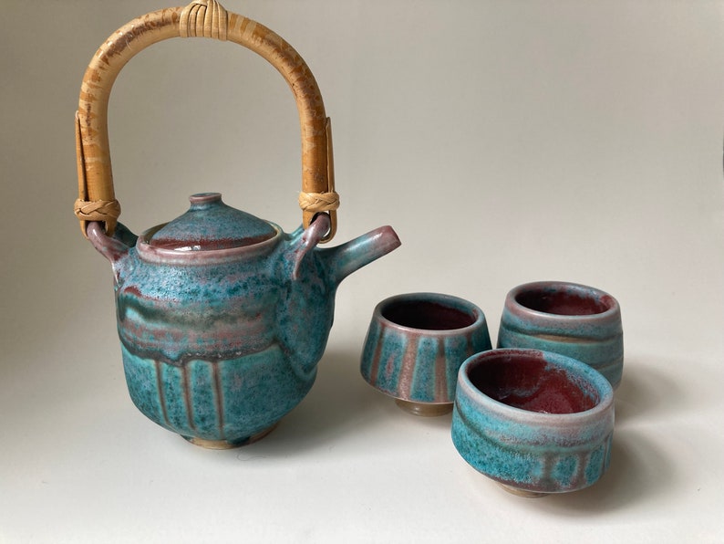 Handmade Teapot and Cup Set in Porcelain With Bamboo Handle, Soda Fired