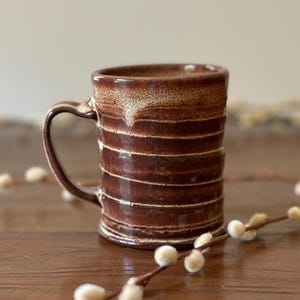 Rustic Handmade Brown and Tan Ceramic Stoneware Mug with Spiral Texture;  Dynamic Wheelthrown Cozy Cup for Coffee, Tea and Warm Beverages