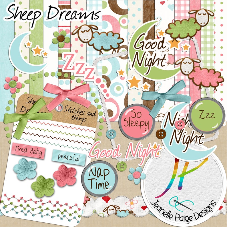 Digital Scrapbooking Kit, Digital Scrapbooking Downloads, Cute Sheep Clipart, Kids Digital Scrapbook Kit, Good Night Scrapbook image 1