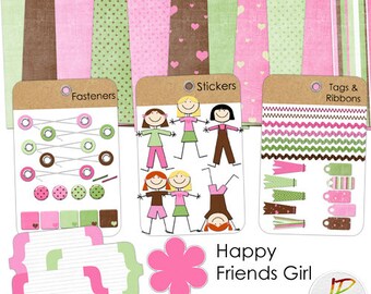 Happy Friends Girl, Cute Girls Scrapbook Kit, Digital Scrapbooking Kit, Scrapbooking Downloads, Digital Scrapbooking, Scrapbooking Kits