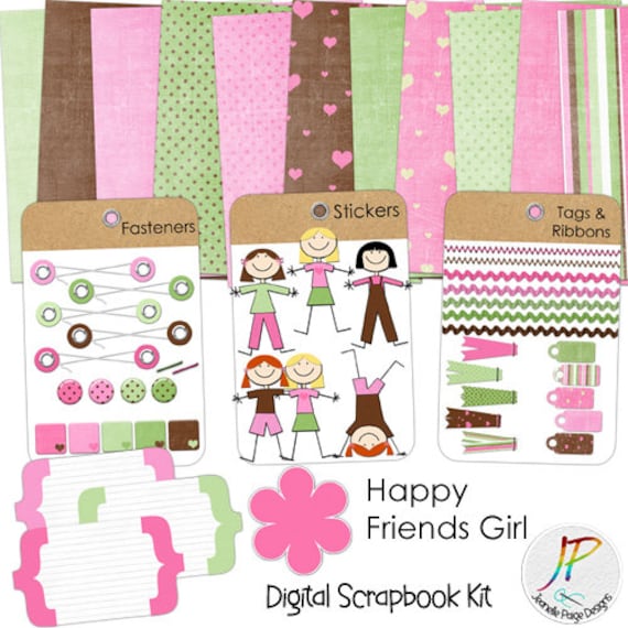 Happy Friends Girl Cute Girls Scrapbook Kit Digital 