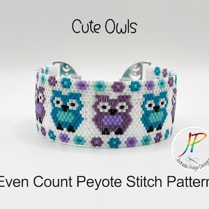 May include: A white beaded bracelet with a pattern of purple and blue owls. The bracelet is made with even count peyote stitch and has silver clasps. The text "Cute Owls" and "Even Count Peyote Stitch Pattern" is visible in the image.