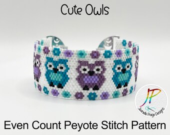 Peyote Stitch Pattern, Beaded Bracelet Pattern, Cute Owls Bracelet Pattern, Peyote Bracelet Pattern, Cute Owls Peyote Stitch Pattern