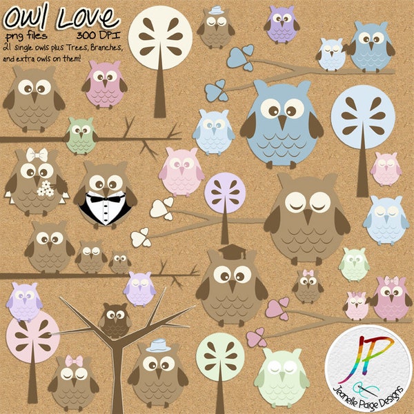 Digital Scrapbooking Kit, Cute Owls Clipart, Owl Bride Clipart, Owl Groom Clipart, Digital Scrapbook Elements, Digital Scrapbook Elements