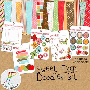 May include: A digital scrapbooking kit with 17 papers and 46 elements. The kit includes tags, flowers, doodles, bottle caps, and guitar picks. The kit is in a bright color scheme of red, orange, yellow, green, blue, and brown.