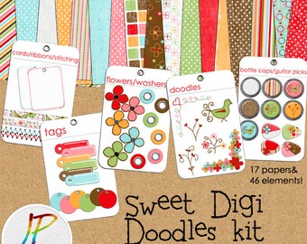 Sweet Digi Doodles Kit 1, Digital Scrapbooking Kit, Digital Graphics, Designer Gems, Digital Papers, Scrapbooking Downloads