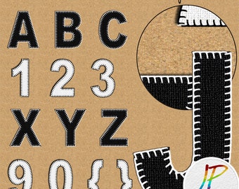 Black and White Digital Stitched Alphaset, Digital Graphics Letters Numbers for scrapbooking, digital planners, or journaling