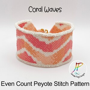 May include: Coral Waves Even Count Peyote Stitch Pattern beading bracelet in shades of pink, orange, and white. The bracelet is made with small beads and has a wavy design.