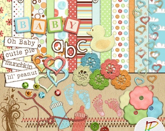 Pode incluir: Um design em estilo scrapbook com as palavras "my little baby". A imagem inclui elementos temáticos de bebê, como blocos que soletram "BABY", um pato, flores de crochê, mamadeiras, pegadas e botões. Vários papéis estampados estão no fundo.