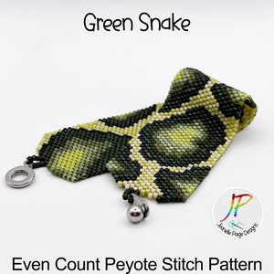 May include: Green Snake Even Count Peyote Stitch Pattern beaded bracelet with a green, yellow, and black color scheme. The bracelet has a silver clasp and a silver bead on the end.