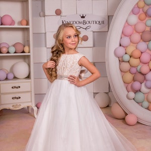 Ivory Cappuccino white lace tulle flower girl dress for special occasion bridesmaid party wedding pageant first communion photoshoot. image 1