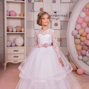 Weiß Ivory Spitze Tüll lange Ärmel Blumenmädchen Kleid für besonderen Anlass Brautjungfer Party Hochzeit Festzug erste Kommunion Fotoshooting