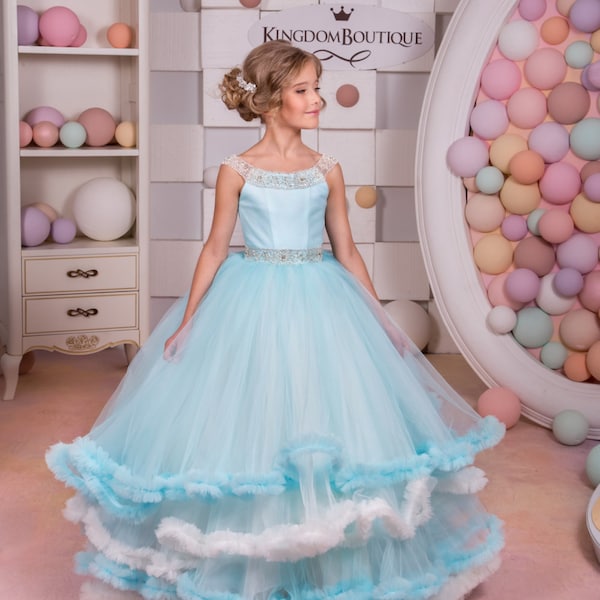 Light Blue and Ivory lace tulle formal Fancy dress for special occasion bridesmaid party wedding pageant photoshoot Christmas