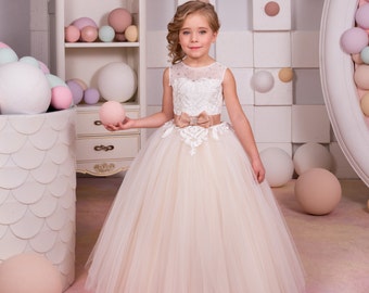 Ivory and Beige Flower Girl Dress - Birthday Wedding Party Holiday Bridesmaid Flower Girl Ivory and Beige Tulle Lace Dress 14-656