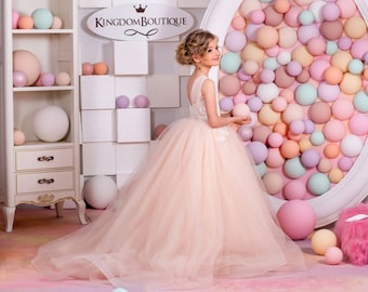 Blush Flower Girl Dress Tulle Lace Ball Gown Holiday Dress for Bridesmaid Wedding Party Birthday