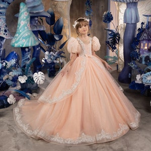 Blumenmädchen Kleid, Tüll Blumenmädchen Kleid, Blumenmädchen Kleid aus Spitze, Pfirsich Blumenmädchen Kleid, Erstkommunion Kleid, Junior Brautjungfer Kleid