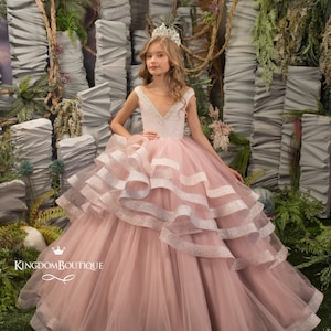Erröten rosa grau Spitze Tüll formale Blumenmädchen Kleid für besondere Gelegenheit Brautjungfer Party Hochzeit Festzug Erstkommunion Fotoshooting