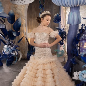 Blumenmädchenkleid, Tüll Blumenmädchenkleid, Beige Blumenmädchenkleid, Cappucino Mädchenkleid, Erstkommunionkleid, Junior Brautjungfernkleid