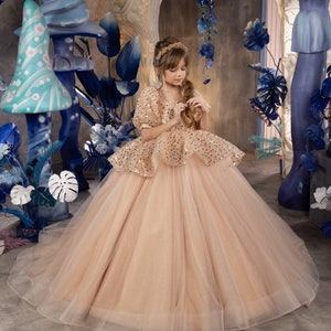 Blumenmädchen Kleid, Tüll Blumenmädchen Kleid, Blumenmädchen Kleid aus Spitze, Cappucino Mädchen Kleid, Erstkommunion Kleid, Junior Brautjungfer Kleid