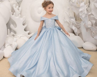 Light blue satin formal flower girl dress for special occasion bridesmaid party wedding pageant first communion photoshoot birthday