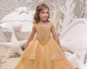 Luxury Gold Junior Bridesmaid Flower Girl Dress, Maxi Prom Ball Gown,  Special Occasion Princess Look, Pageant Graduation Outfit,wedding Wear -  Etsy