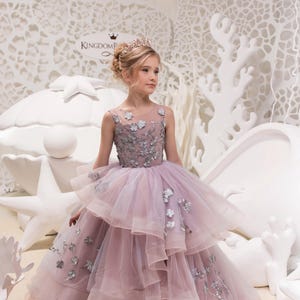 Grau und Rosa Spitze Tüll formelle Blumenmädchen Kleid für besonderen Anlass Brautjungfer Party Hochzeit Festzug Geburtstag Fotoshooting Weihnachten