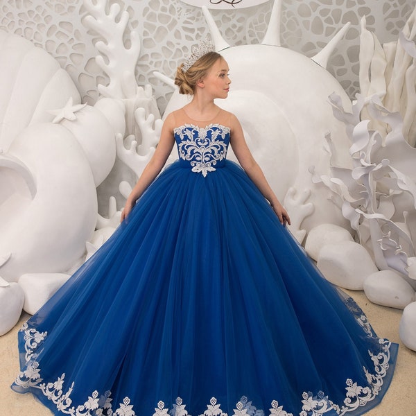 Royal blue and Silver lace tulle satin formal flower girl dress for special occasion bridesmaid party wedding pageant photoshoot Christmas