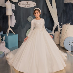 Blumenmädchenkleid, Satin Blumenmädchenkleid, Tüll Blumenmädchenkleid, Spitze Blumenmädchenkleid, Elfenbein Blumenmädchenkleid, Erstkommunionkleid
