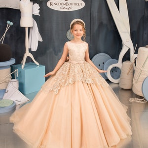 Blumenmädchen Kleid, Tüll Blumenmädchen Kleid, Blumenmädchen Spitze, Cappuccino Gold Blumenmädchen Kleid, Erstkommunion Kleid, Brautjungfer Kleid