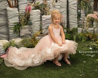 Ivory and Blush Pink ball gown dress - Lace tulle formal flower girl dress for special occasion Bridesmaid, Wedding, Pageant, Birthday