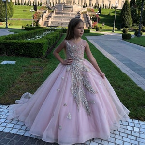 Rose Gold Spitze Tüll Satin formales Blumenmädchen Kleid für besonderen Anlass Brautjungfer Party Hochzeit Festzug Geburtstag Fotoshooting Weihnachten