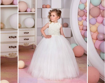 Ivory lace tulle satin formal flower girl dress for special occasion bridesmaid party wedding pageant photoshoot first communion