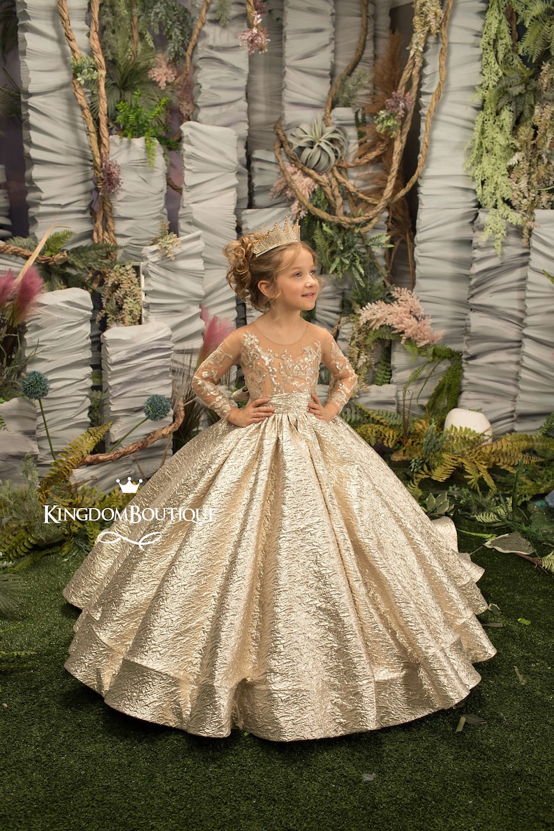 Gold Flower Girl Dress Birthday Wedding Party Holiday image 0