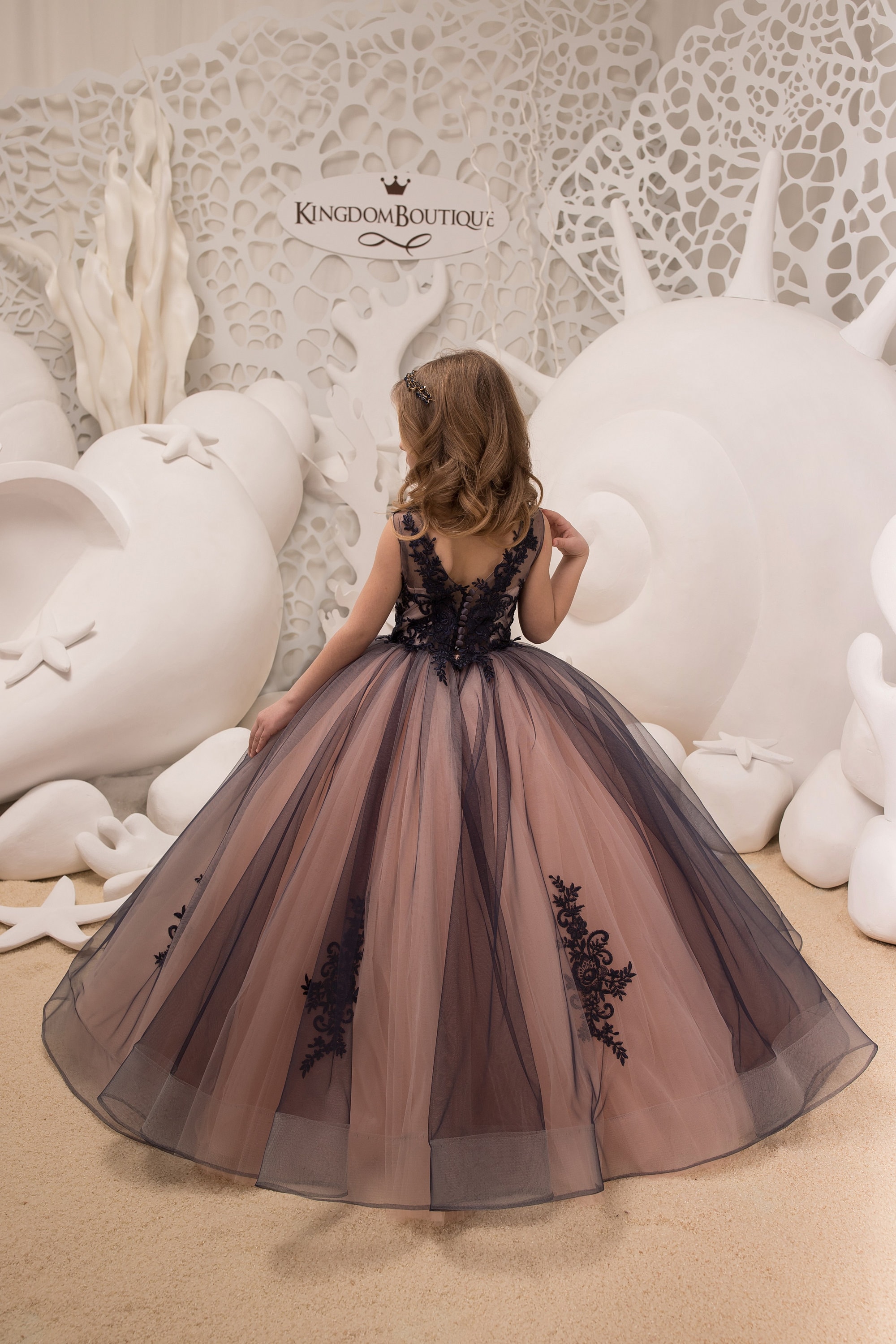 Navy Blue and Blush Lace Tulle Formal Flower Girl Dress for Special ...