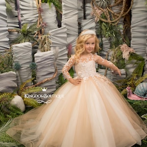 Cappuccino Elfenbein Spitze Tüll lange Ärmel Blumenmädchen Kleid für besonderen Anlass Brautjungfer Party Hochzeit Festzug erste Kommunion Fotoshooting