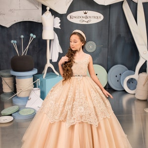 Blumenmädchenkleid, Tüll Blumenmädchenkleid, Spitze Blumenmädchen, Cappuccino Gold Blumenmädchenkleid, Erstkommunion Kleid, Brautjungfernkleid