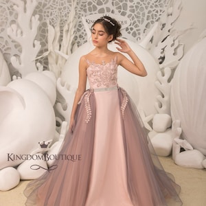 Blush rosa Grau Spitze Tüll Satin Blumenmädchen Kleid für besonderen Anlass Brautjungfer Party Hochzeit Festzug Geburtstag Fotoshooting Weihnachten