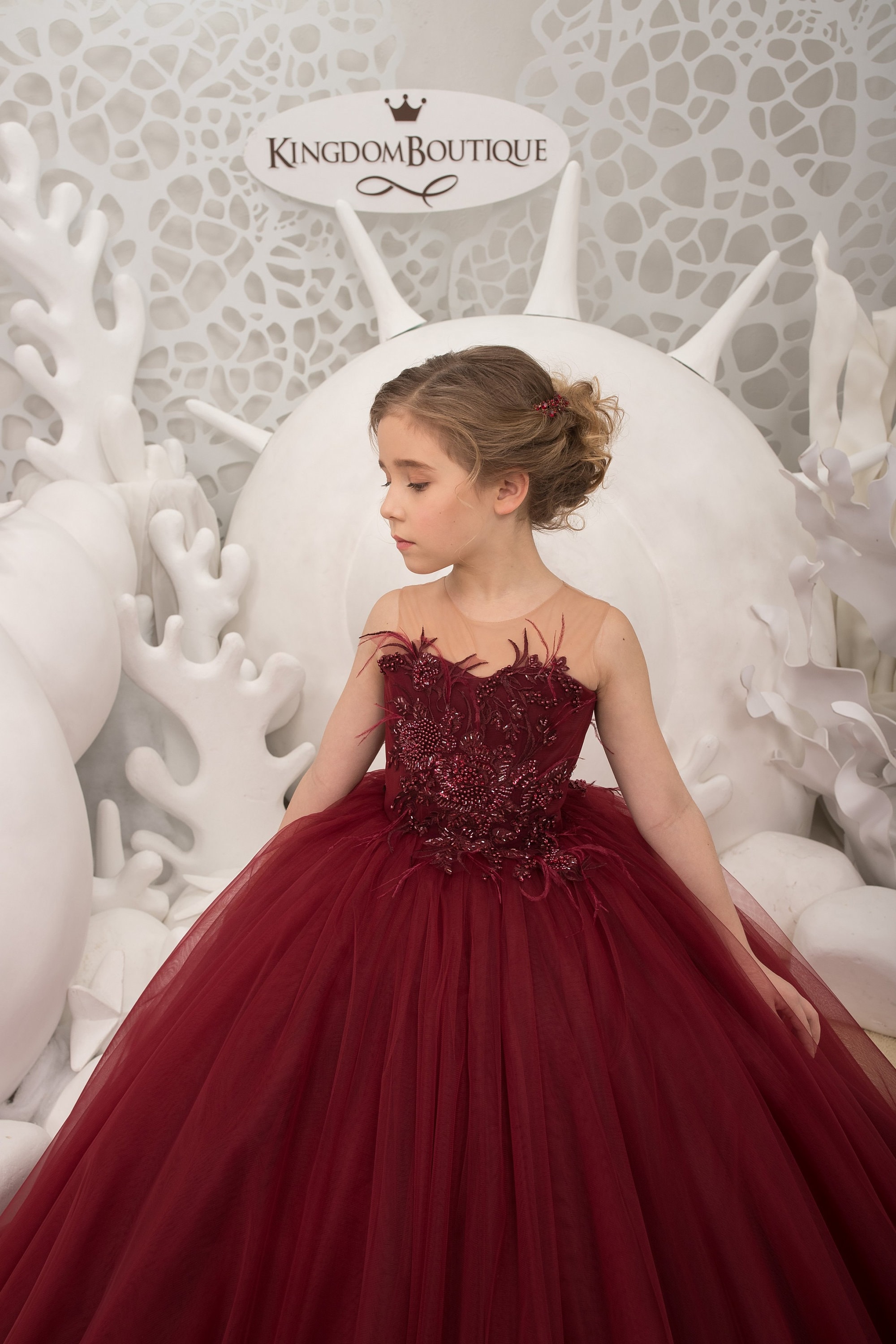 Maroon lace tulle formal flower girl dress for special occasion bridesmaid party wedding pageant birthday photoshoot first communion Maroon lace tulle formal flower girl dress for special occasion bridesmaid party wedding pageant birthday photoshoot first communion