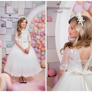 Ivory Spitze Tüll Satin Blumenmädchen Kleid für besonderen Anlass Brautjungfer Party Hochzeit Festzug Geburtstag Fotoshooting Erstkommunion Weihnachten