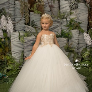 Elfenbein und Gold Spitze Tüll Blumenmädchen Kleid für besondere Anlässe Brautjungfer Party Hochzeit Festzug Erstkommunion Fotoshooting Weihnachten