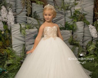 Elfenbein und Gold Spitze Tüll Blumenmädchen Kleid für besondere Anlässe Brautjungfer Party Hochzeit Festzug Erstkommunion Fotoshooting Weihnachten