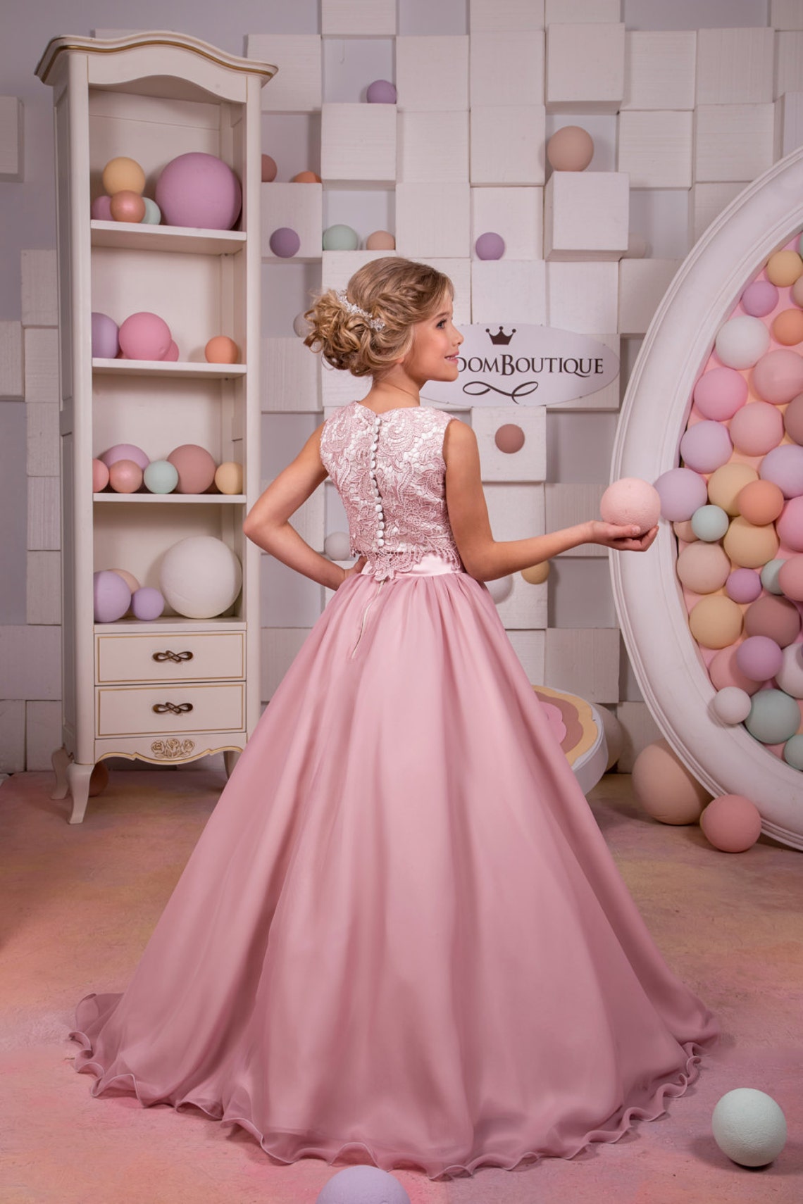 Blush Pink Lace Tulle Satin Two Pieces Formal Flower Girl Etsy