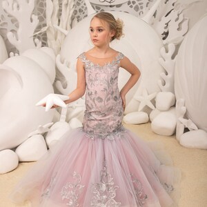 Blush pink and Silver tulle formal flower girl dress for special occasion bridesmaid party wedding pageant  photoshoot birthday Christmas