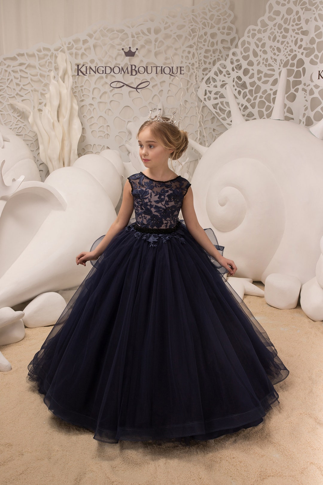 Navy Blue and Blush Lace Tulle Flower Girl Dress for Special Occasion ...