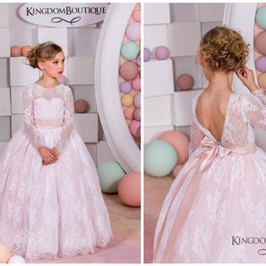 Baby-rosa Elfenbein Spitze Tüll lange Ärmel Blumenmädchen Kleid für besonderen Anlass Brautjungfer Party Hochzeit Festzug Fotoshooting erste Kommunion