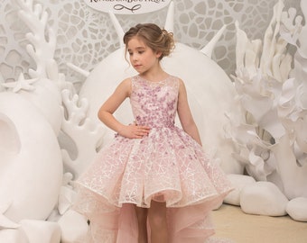 Pink lace tulle formal flower girl dress for special occasion bridesmaid party wedding pageant photoshoot Christmas